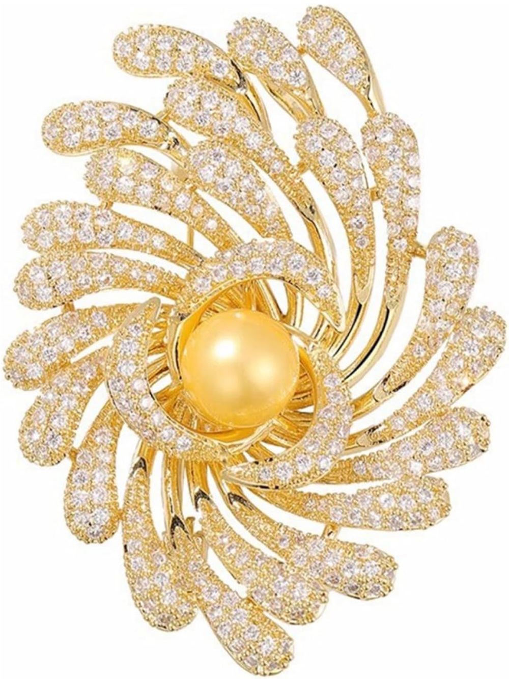 Gold Floral Pearl Statement Brooch - Elegant Women's Jewelry